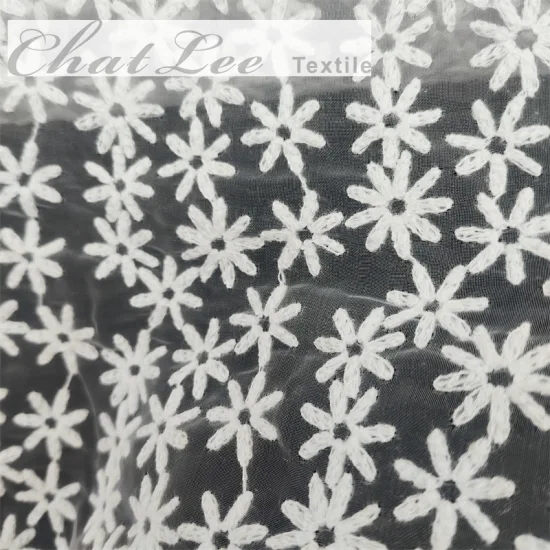 100%Polyester Organza White Flower Mesh Embroidered Fabric for Women Girl Garment Dress